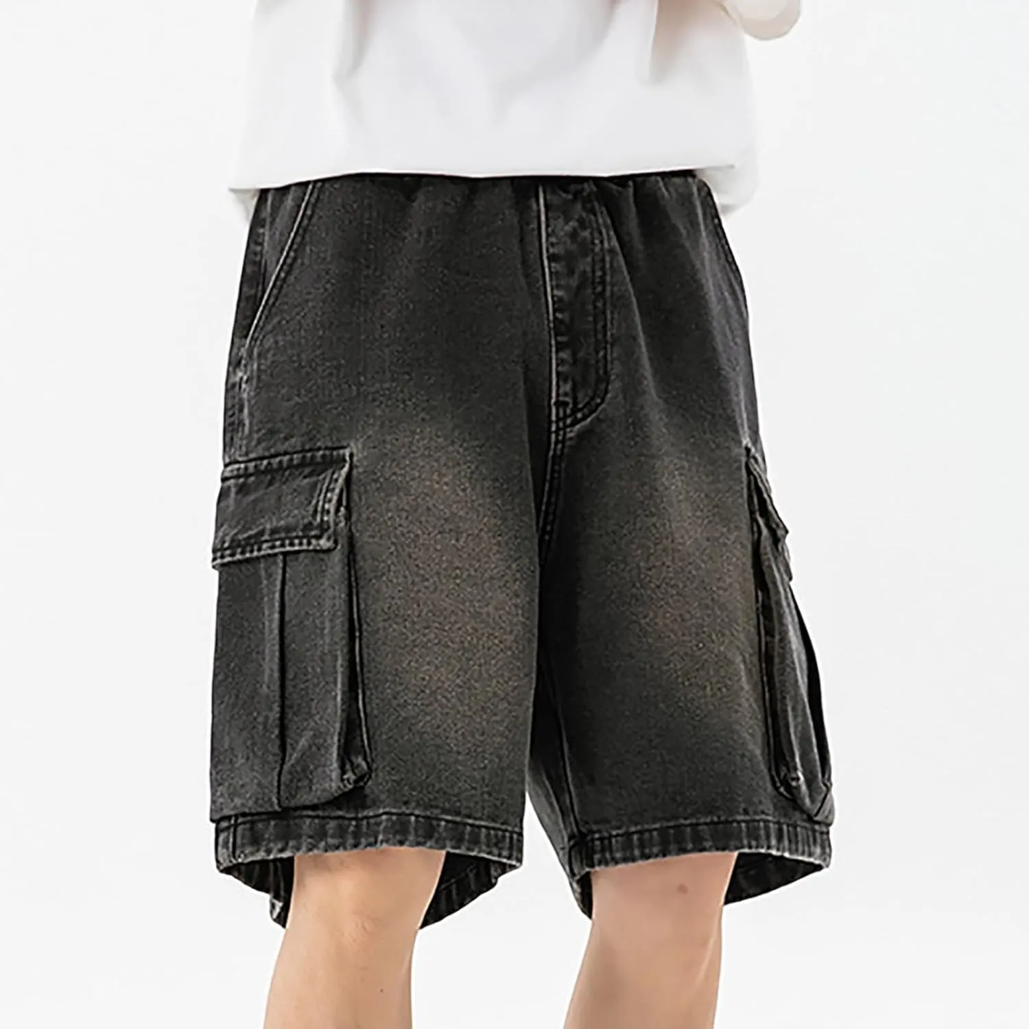 Men's Loose Hip Hop Long Jean Shorts Work Denim Shorts with Pockets Casual Summer Trendy Outfits