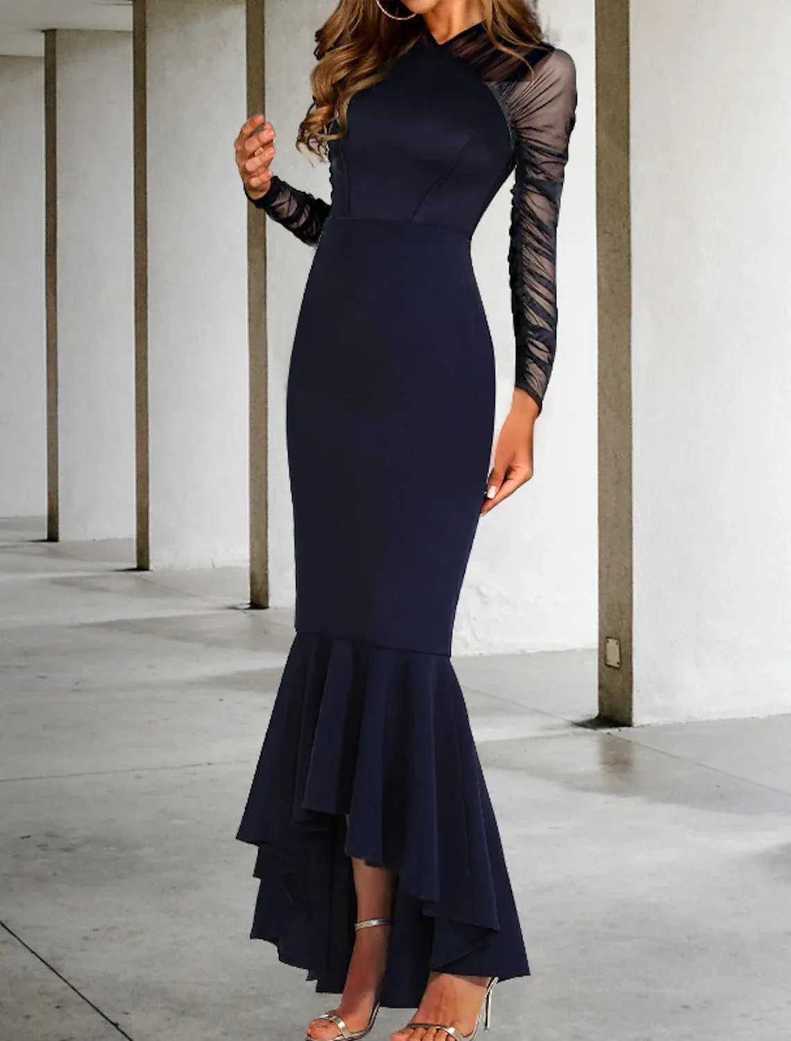 Mermaid / Trumpet Prom Dresses Elegant Dress Formal Wedding Guest Asymmetrical Long Sleeve V Neck Stretch Fabric with Ruched Ruffles
