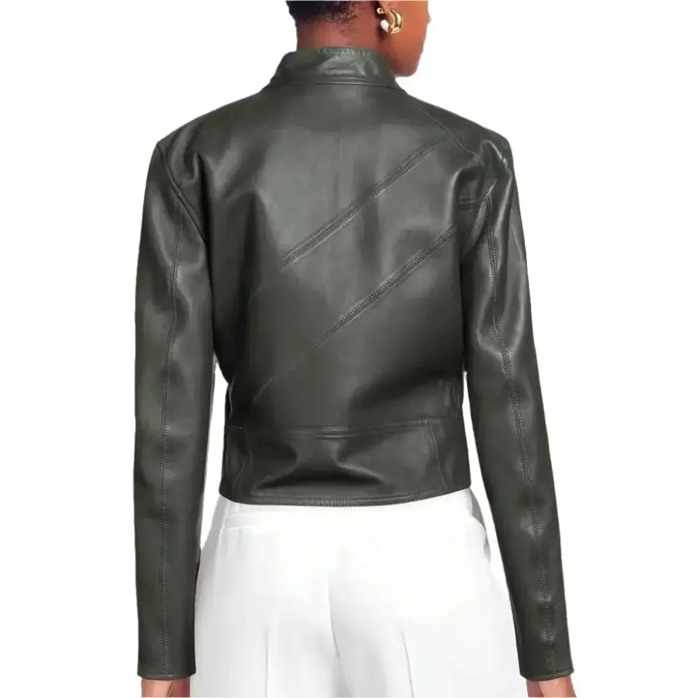 Military Green Leather Jacket for Women – Stylish & Fashionable Outerwear