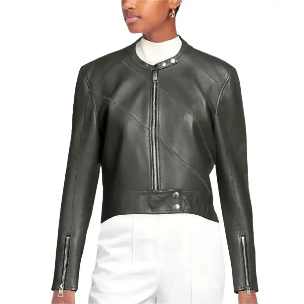 Military Green Leather Jacket for Women – Stylish & Fashionable Outerwear