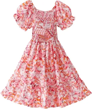 Moonker Kids Girls Summer Floral Dress with Short Ruffle Sleeve Casual Elegant A-line Smocked Waist Girls