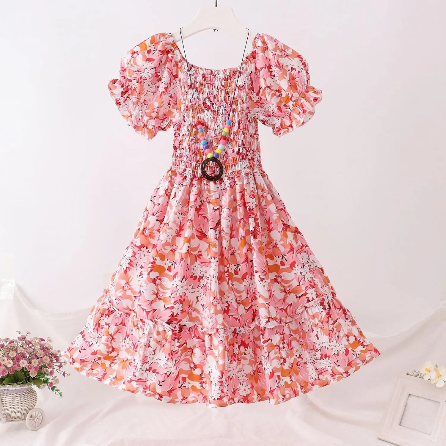 Moonker Kids Girls Summer Floral Dress with Short Ruffle Sleeve Casual Elegant A-line Smocked Waist Girls