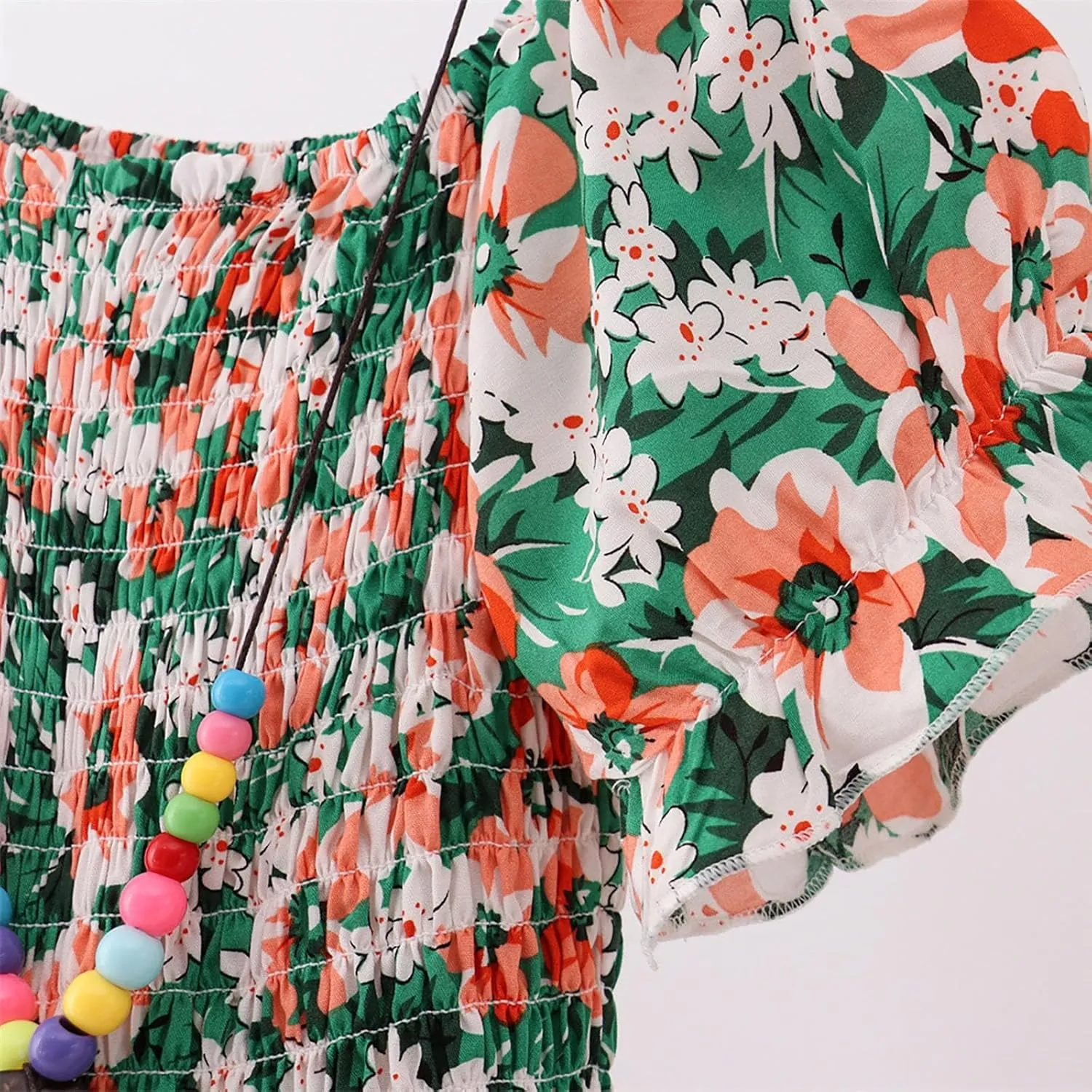 Moonker Kids Girls Summer Floral Dress with Short Ruffle Sleeve Casual Elegant A-line Smocked Waist Girls