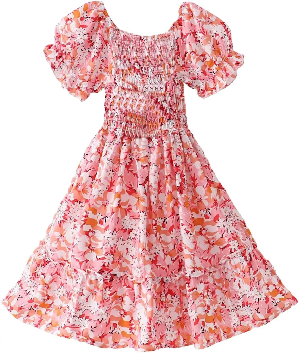 Moonker Kids Girls Summer Floral Dress with Short Ruffle Sleeve Casual Elegant A-line Smocked Waist Girls