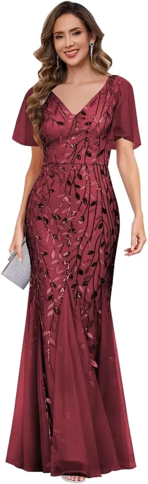 Mother of The Bride Dresses for Women Wedding Short Sleeve V-Neck Tulle Sequin Sparkly Formal Evening Gown
