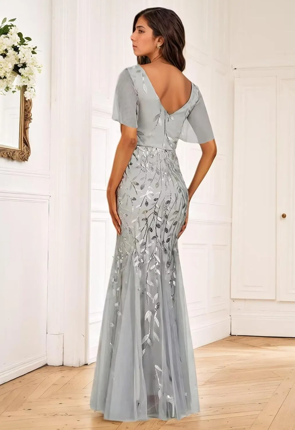 Mother of The Bride Dresses for Women Wedding Short Sleeve V-Neck Tulle Sequin Sparkly Formal Evening Gown