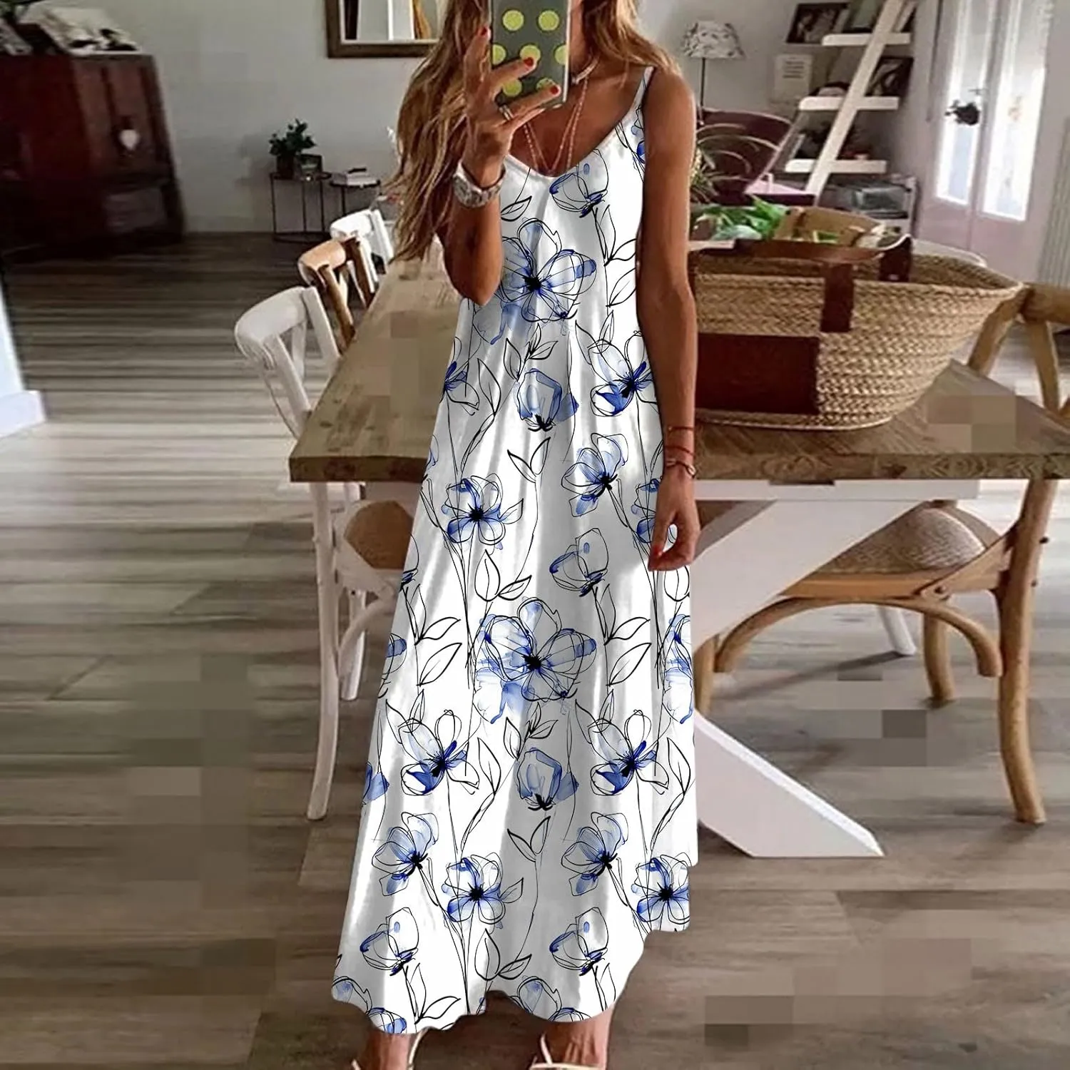 Mzkdieey Women's Sexy Maxi Long Dresses Casual Spaghetti Strap V Neck Cami Dress Plus Size Floral Print Loose Flowy Sundress