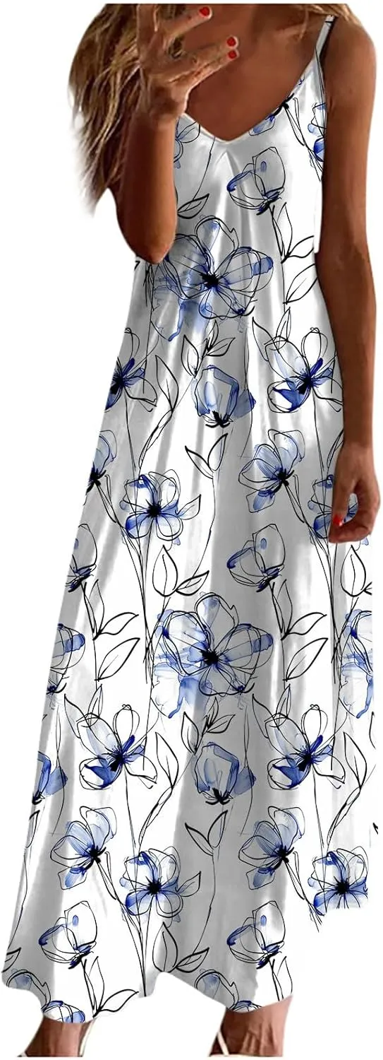 Mzkdieey Women's Sexy Maxi Long Dresses Casual Spaghetti Strap V Neck Cami Dress Plus Size Floral Print Loose Flowy Sundress