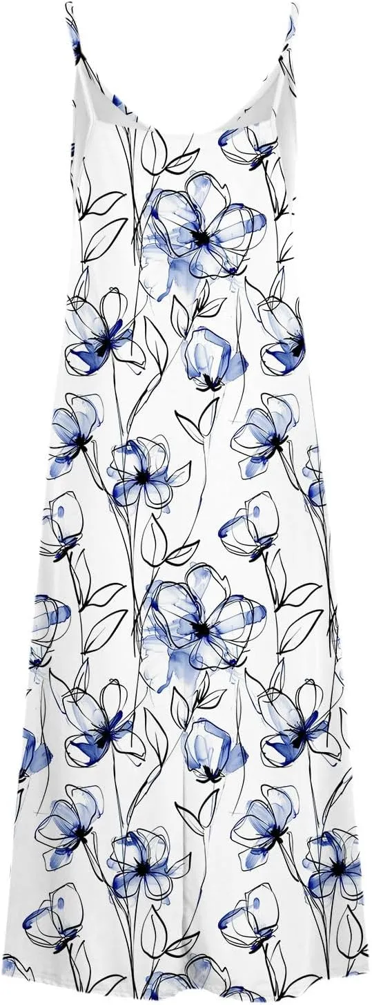 Mzkdieey Women's Sexy Maxi Long Dresses Casual Spaghetti Strap V Neck Cami Dress Plus Size Floral Print Loose Flowy Sundress