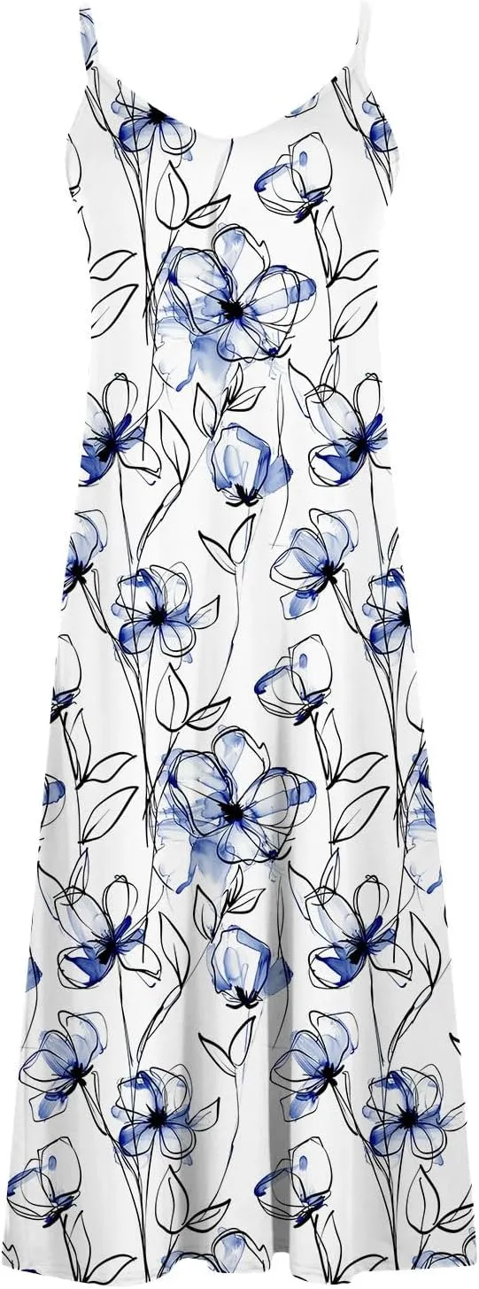 Mzkdieey Women's Sexy Maxi Long Dresses Casual Spaghetti Strap V Neck Cami Dress Plus Size Floral Print Loose Flowy Sundress