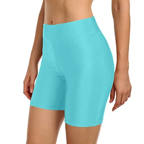 Non See Through Swim Shorts With Tummy Control For Women-Blue Green