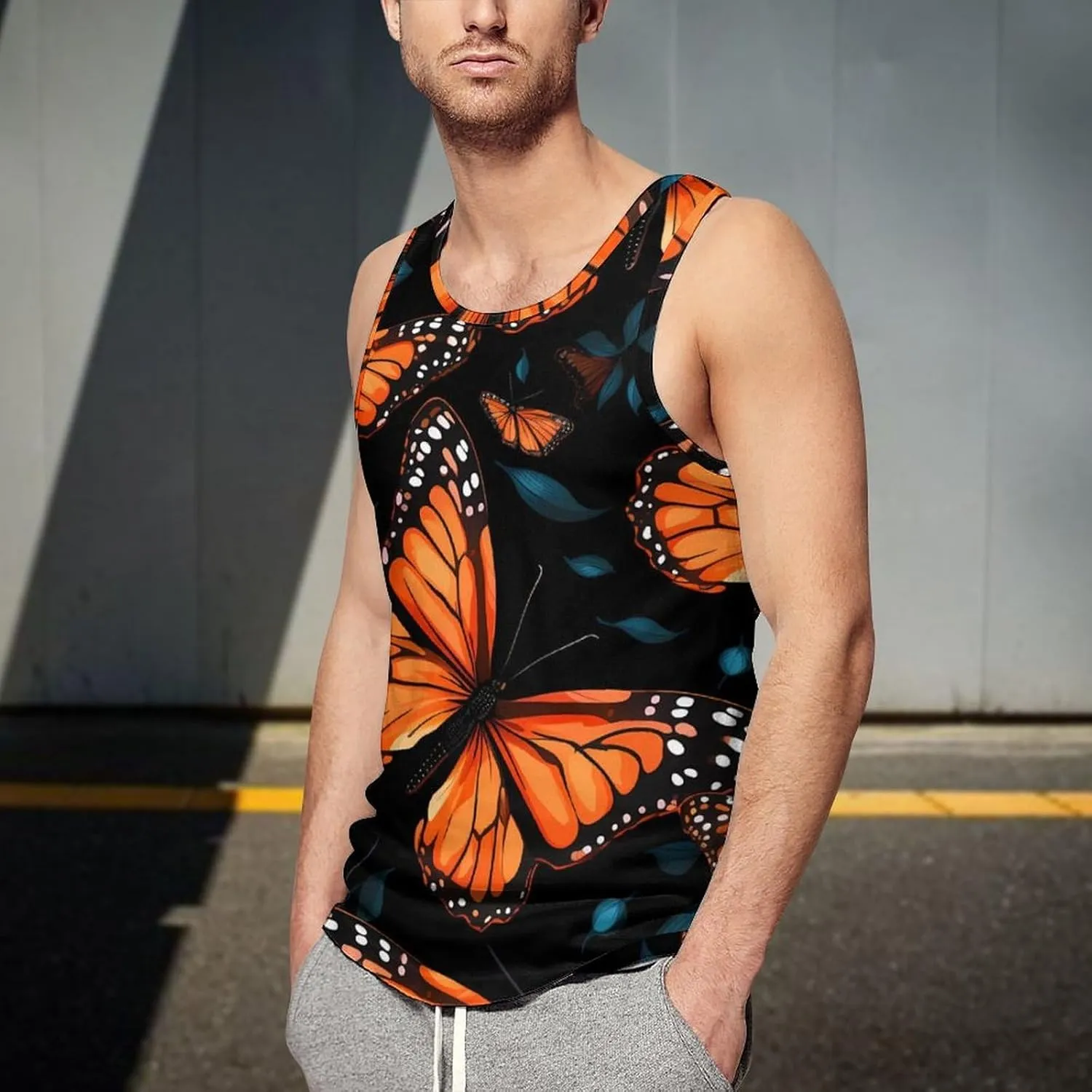 Orange Monarch Butterfly Mens Tank Top Undershirt Sleeveless Gym Vest Workout T-Shirts