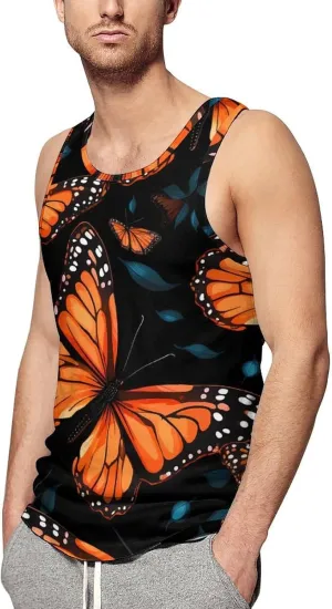 Orange Monarch Butterfly Mens Tank Top Undershirt Sleeveless Gym Vest Workout T-Shirts