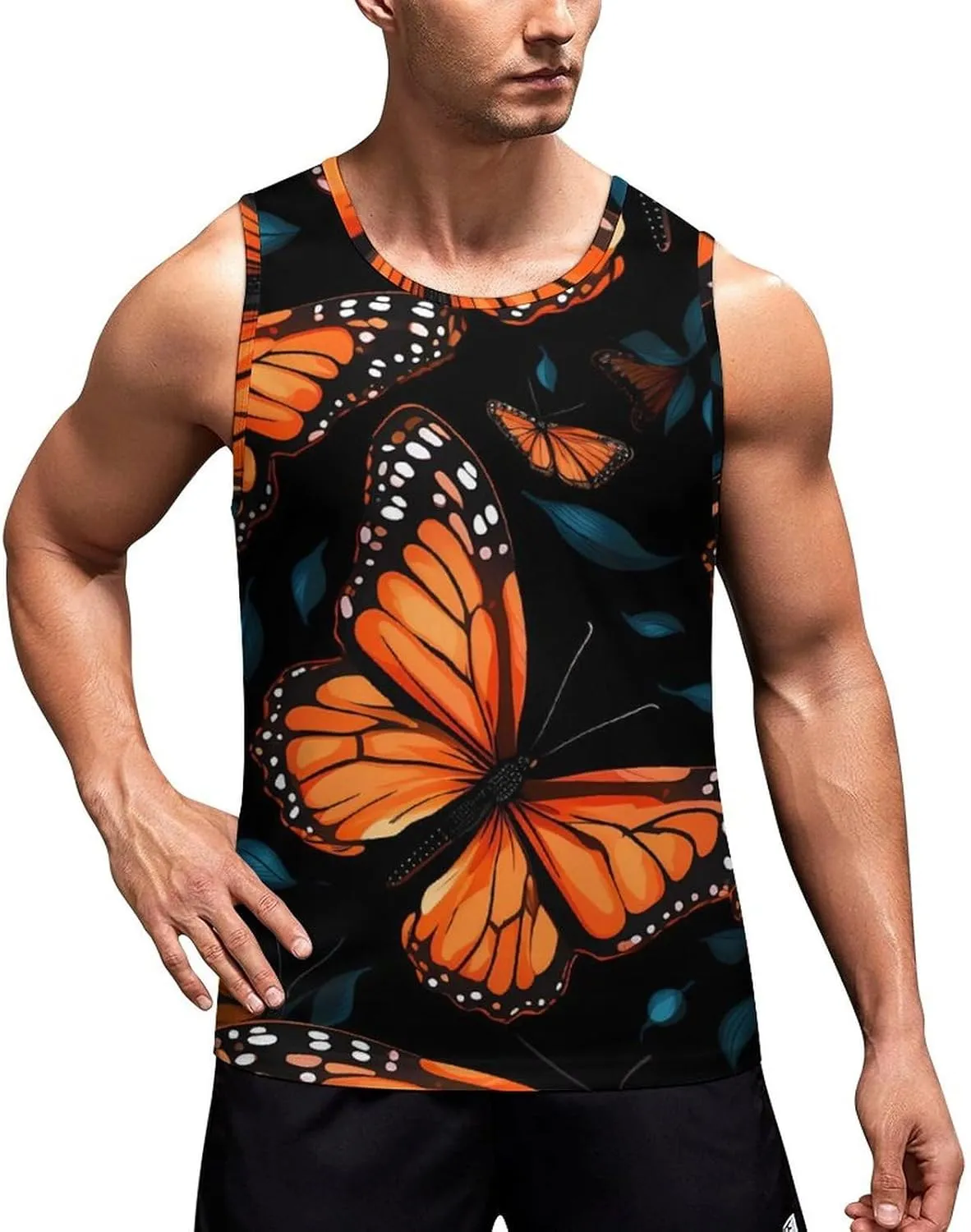 Orange Monarch Butterfly Mens Tank Top Undershirt Sleeveless Gym Vest Workout T-Shirts