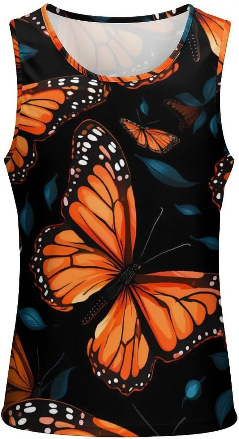 Orange Monarch Butterfly Mens Tank Top Undershirt Sleeveless Gym Vest Workout T-Shirts