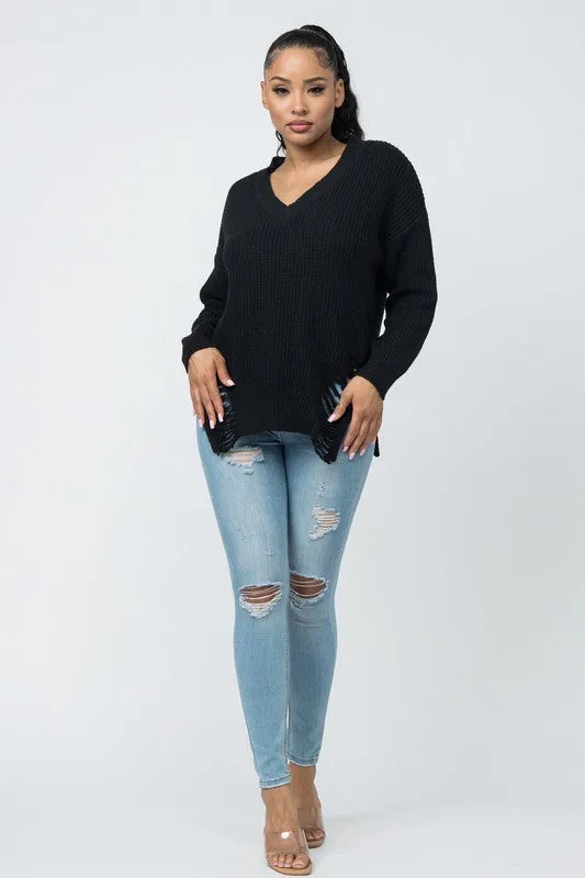 Oversized Knit Front And Back Distressed Sweater