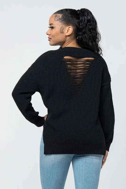 Oversized Knit Front And Back Distressed Sweater