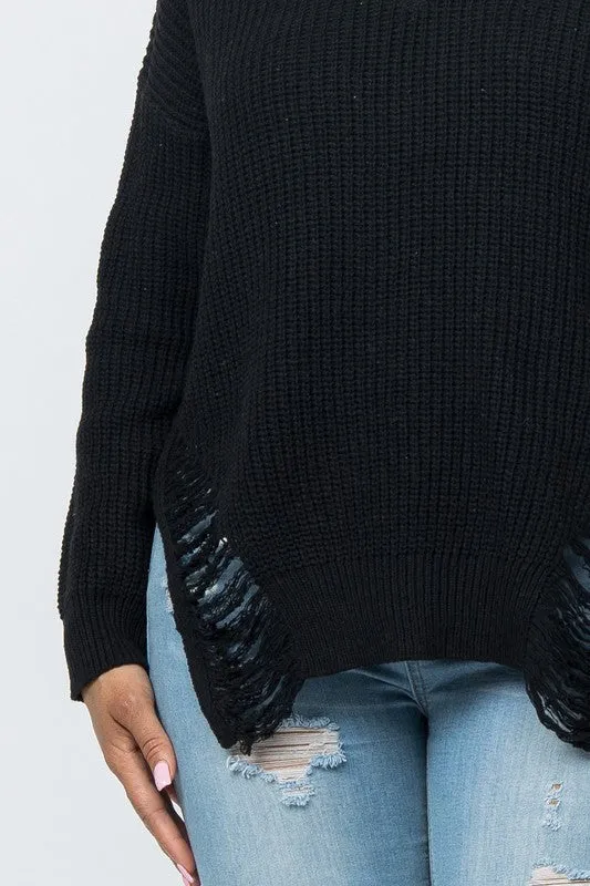 Oversized Knit Front And Back Distressed Sweater