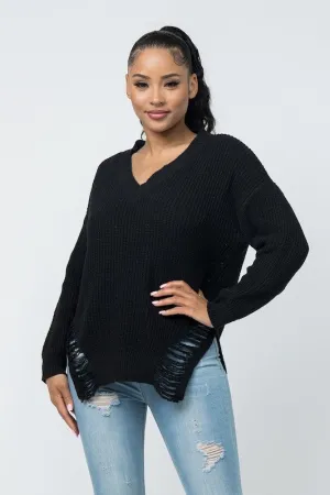 Oversized Knit Front And Back Distressed Sweater
