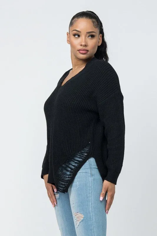 Oversized Knit Front And Back Distressed Sweater