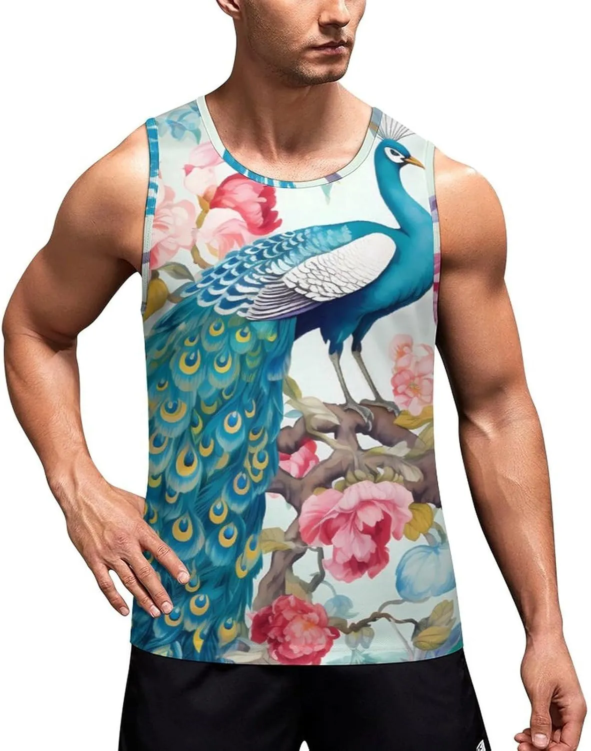 Peacocks and Florals Mens Tank Top Undershirt Sleeveless Gym Vest Workout T-Shirts
