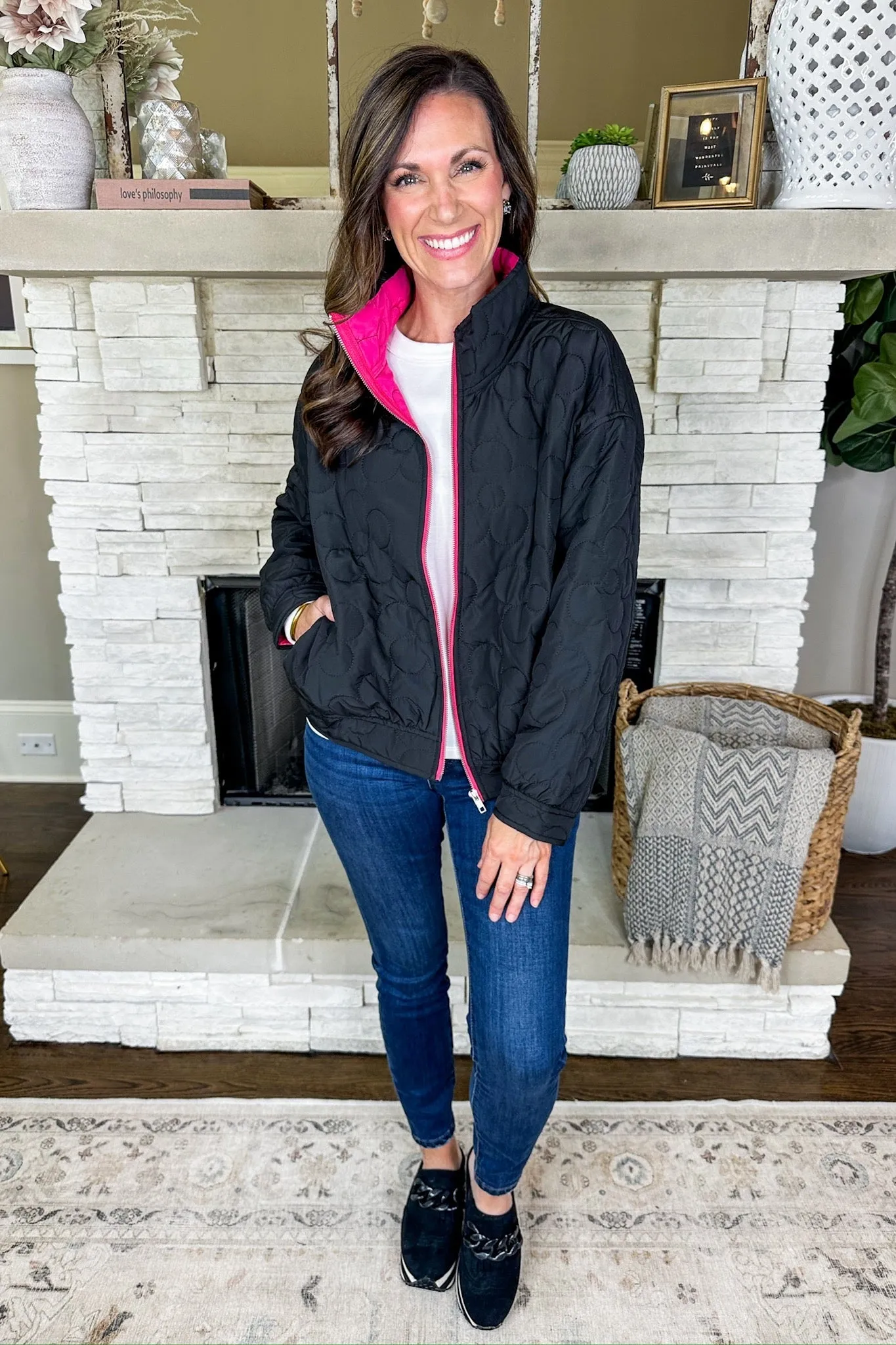 Pink Lined Pocketed Black Flower Quilted Jacket