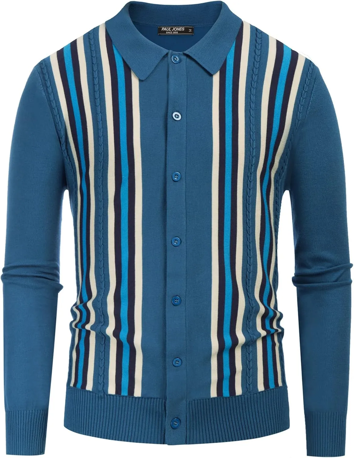 PJ PAUL JONES Mens Vintage Striped Knit Polo Shirt Long Sleeve Button Down Cardigan Sweater