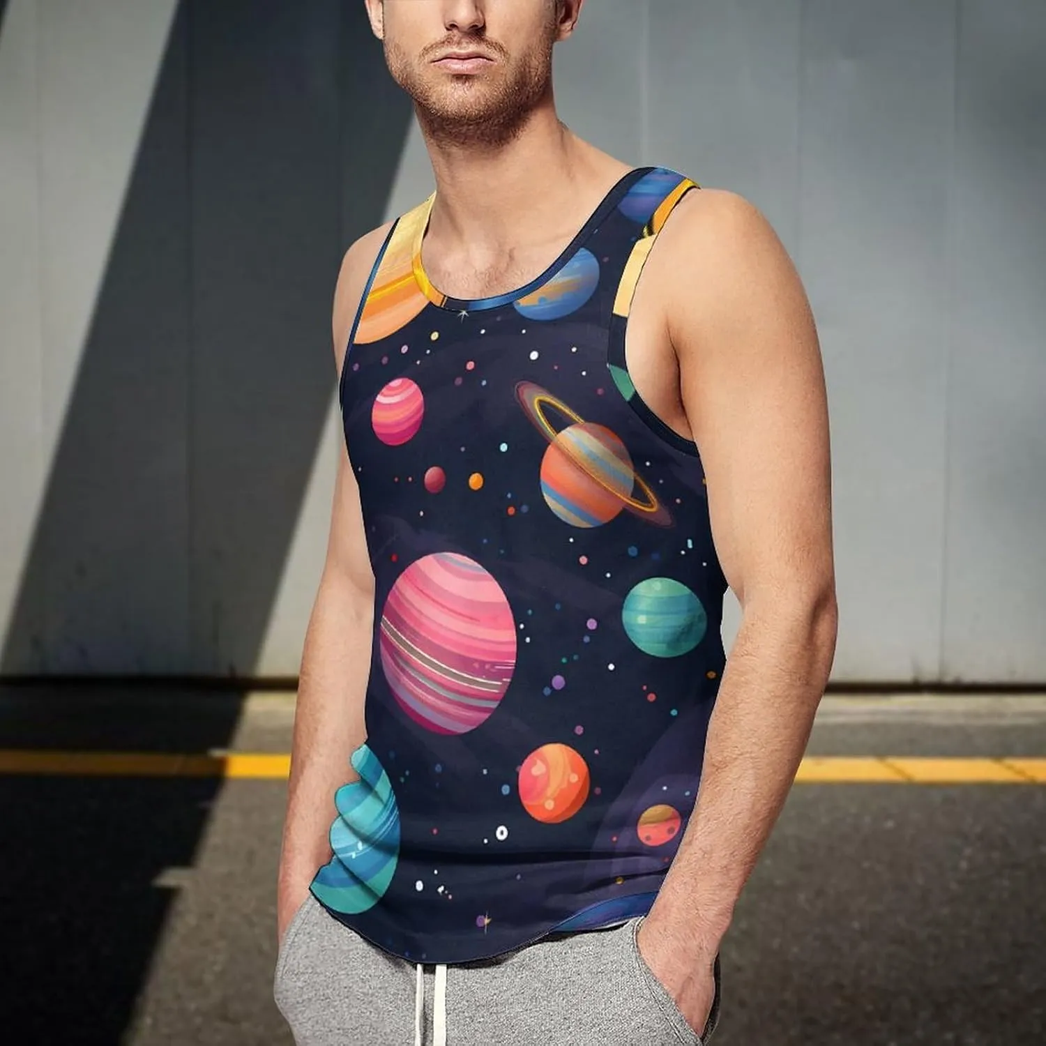 Planets Colorful Mens Tank Top Undershirt Sleeveless Gym Vest Workout T-Shirts