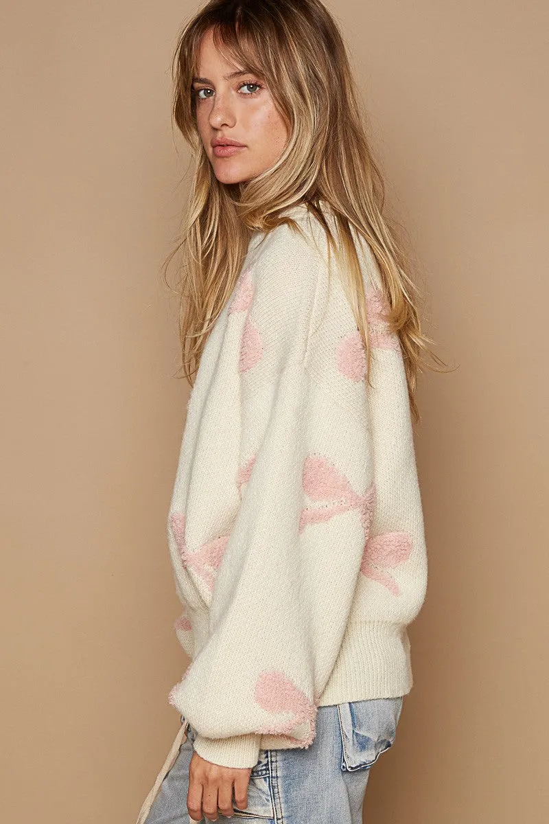 POL OVERSIZED Bow Pattern Sweater in Cream/Pink