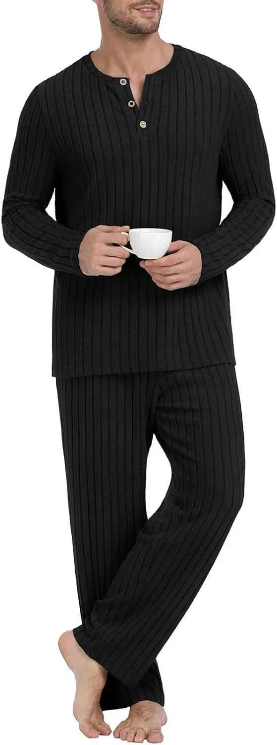 PrinStory Men's Pajama Set Soft Long Sleeve Shirts and Pants Loose Relaxing Warm Sleep Sets
