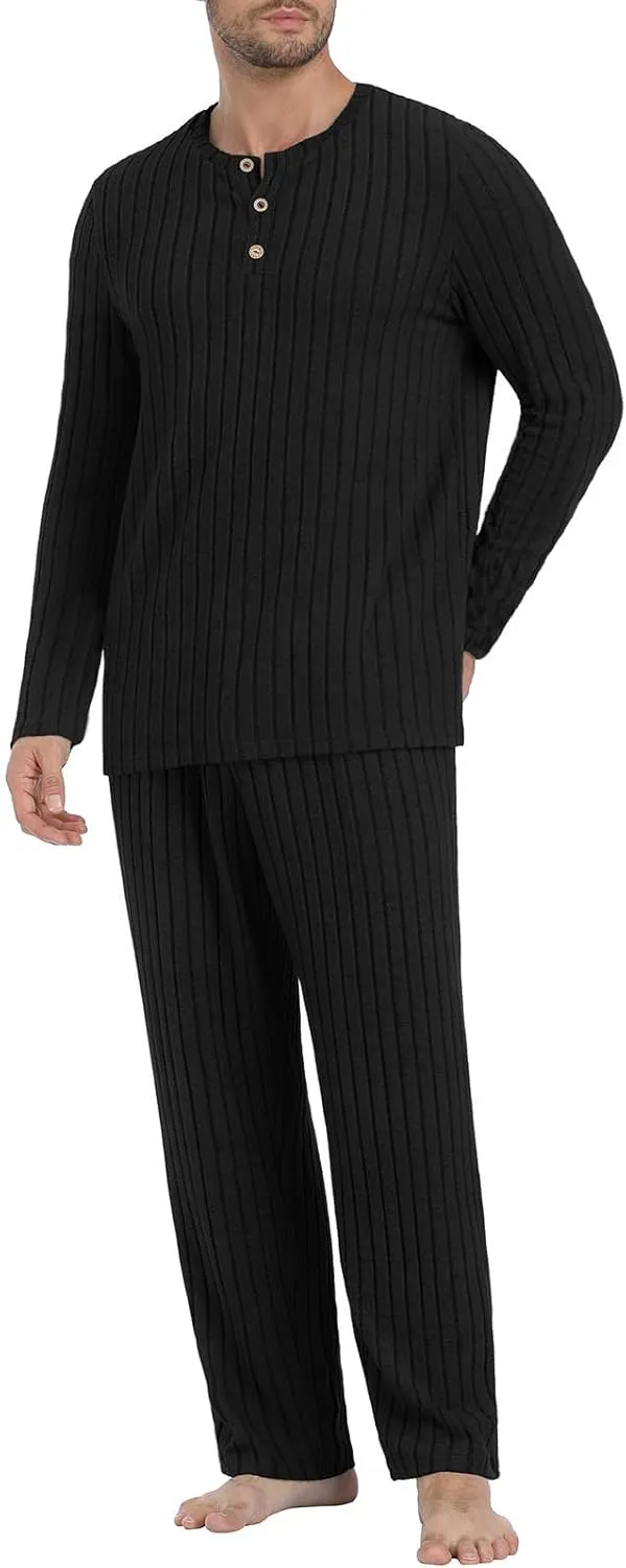 PrinStory Men's Pajama Set Soft Long Sleeve Shirts and Pants Loose Relaxing Warm Sleep Sets