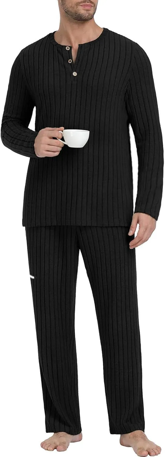 PrinStory Men's Pajama Set Soft Long Sleeve Shirts and Pants Loose Relaxing Warm Sleep Sets