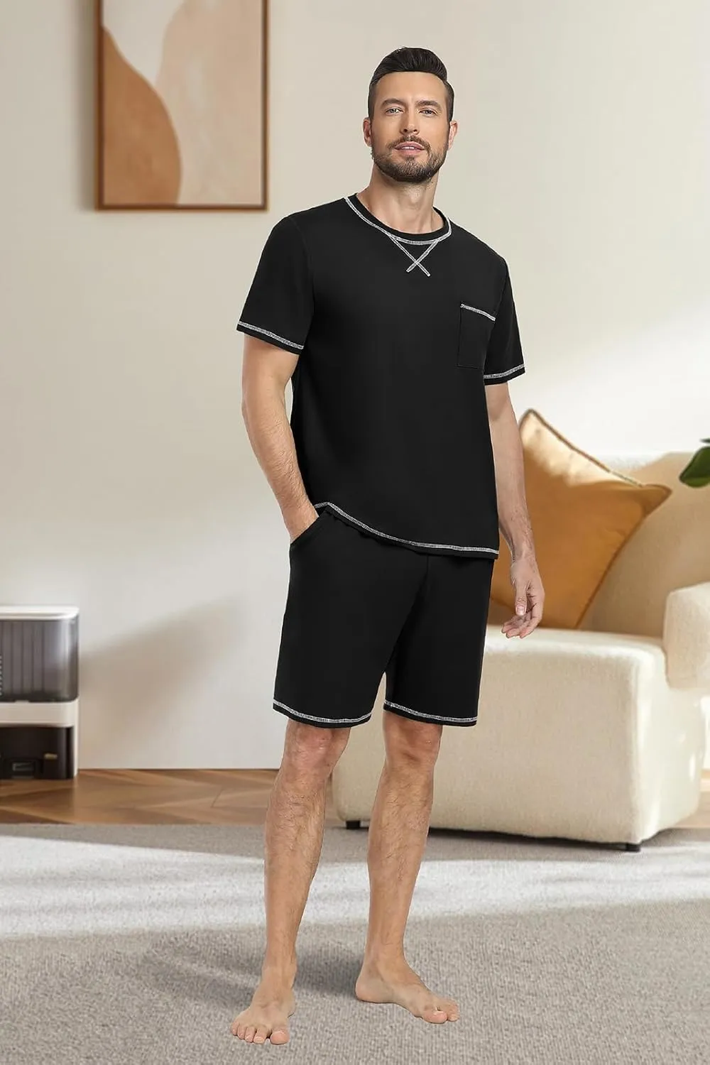 PrinStory Men's Pajamas Set Sleepwear Lightweight Short Sleeve Shirts and Shorts Soft 2 Piece Lounge Set Cozy Nightwear