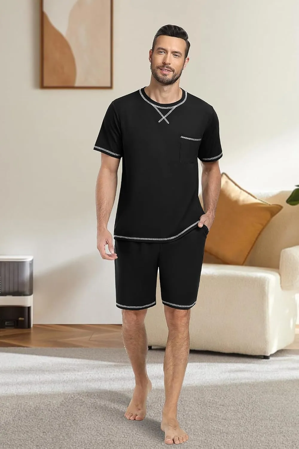 PrinStory Men's Pajamas Set Sleepwear Lightweight Short Sleeve Shirts and Shorts Soft 2 Piece Lounge Set Cozy Nightwear