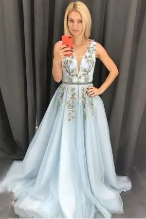 Promfast A-line V neck Long Blue Appliques Light Blue Prom Dresses Evening Dress PFP1784