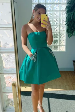 Promfast Strapless Open Back Green Short Prom Dresses with Pocket, Open Back Green Homecoming Dresses, Short Green Formal Evening Dresses PFP2072