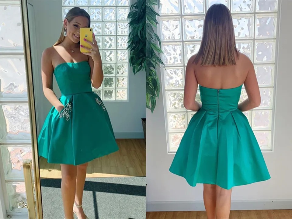 Promfast Strapless Open Back Green Short Prom Dresses with Pocket, Open Back Green Homecoming Dresses, Short Green Formal Evening Dresses PFP2072