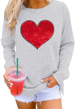 Qbily Women's Sequins Heart Sweatshirt Casual Casual Long Sleeve Crew Round Valentines Day Pullover Tops