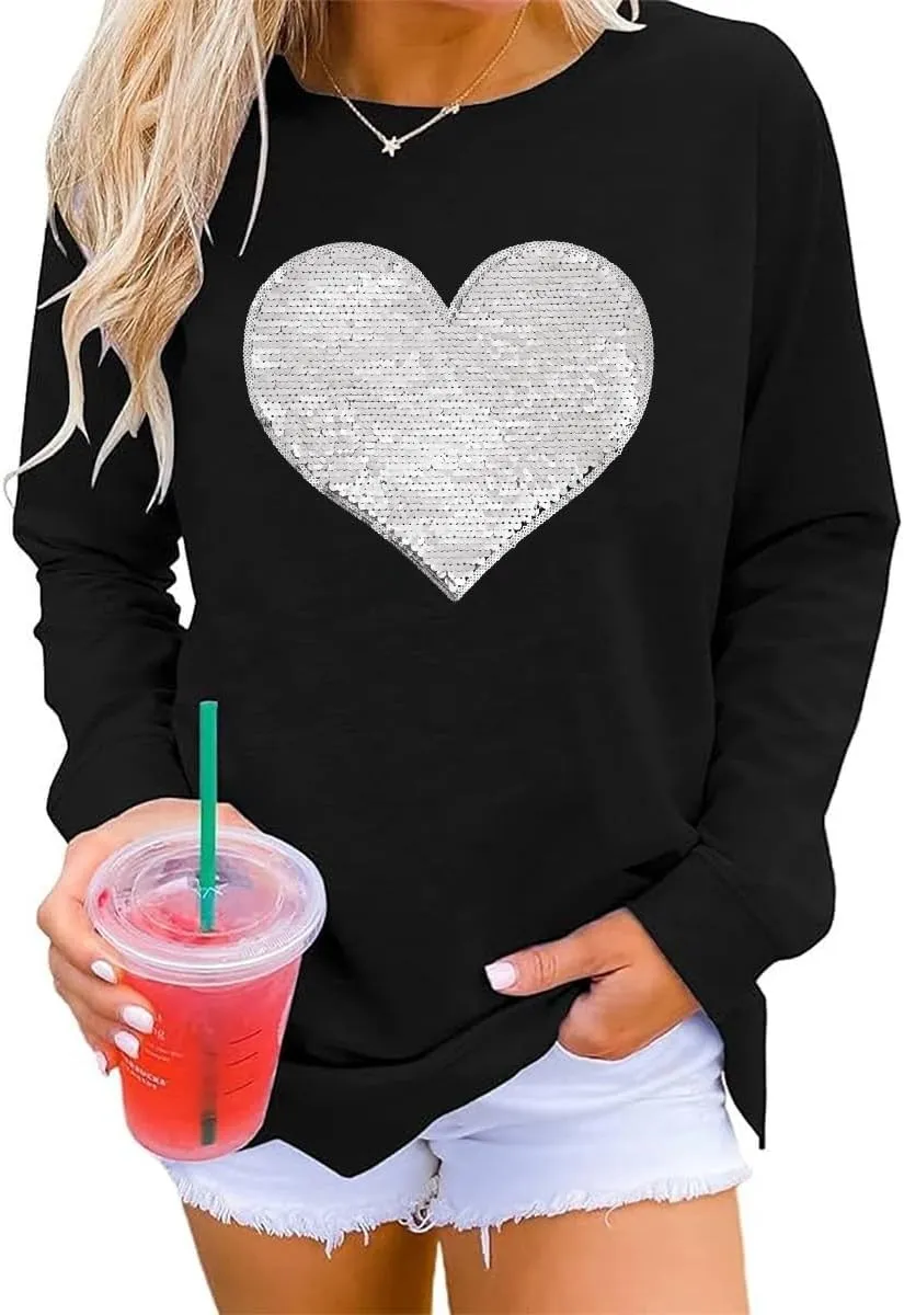Qbily Women's Sequins Heart Sweatshirt Casual Casual Long Sleeve Crew Round Valentines Day Pullover Tops