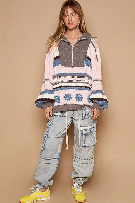 Rebecca Mixed Knit Oversized Sweater - Pink/Blue