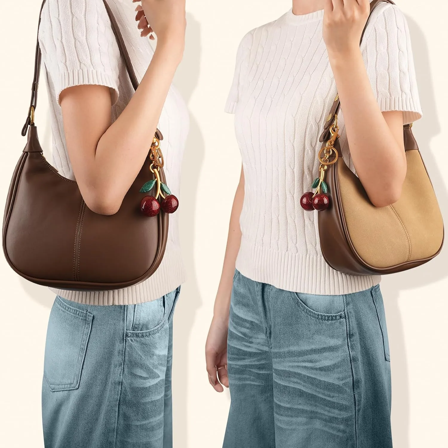 Retro Hobo Bag with Cherry Charm Vegan Leather Shoulder Crossbody Handheld Stylish Purse for Women