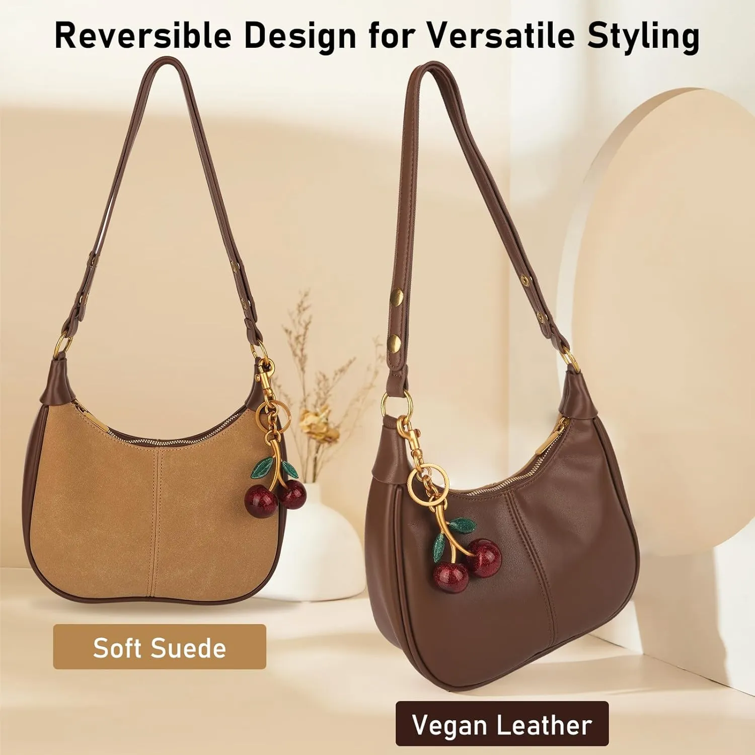 Retro Hobo Bag with Cherry Charm Vegan Leather Shoulder Crossbody Handheld Stylish Purse for Women