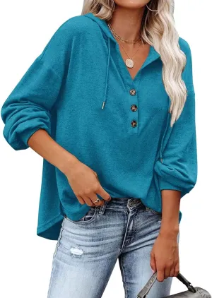 REVETRO Womens V Neck Long Sleeve Henley Shirts Button Down Sweatshirts Hoodies Tunic Tops with Drawstring