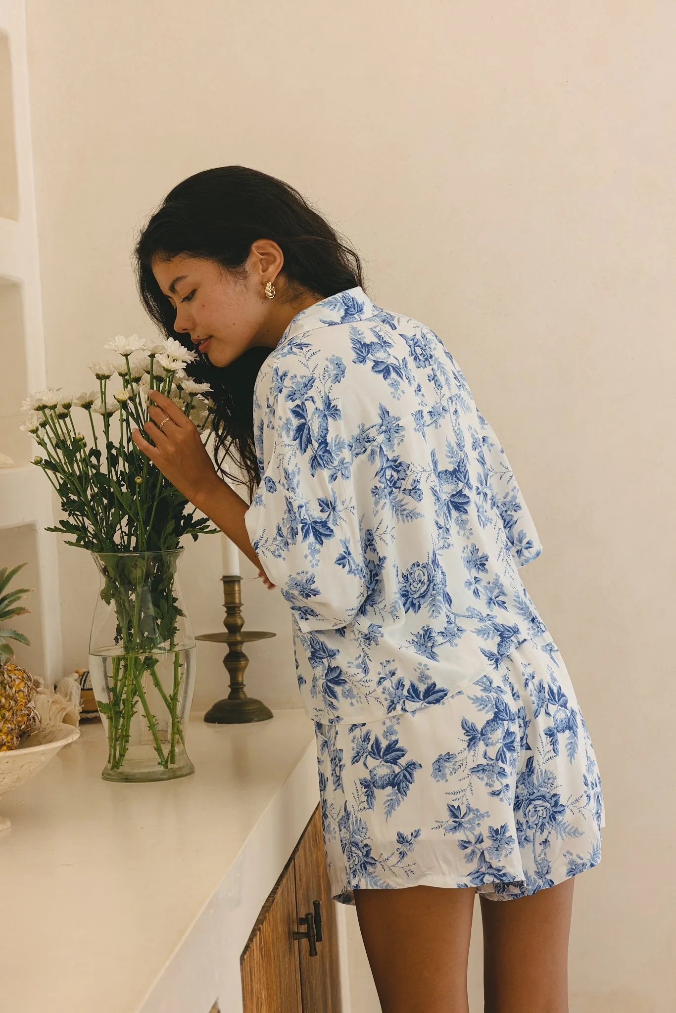 Blue Floral Rosette Pattern Boxy Shirt for Women