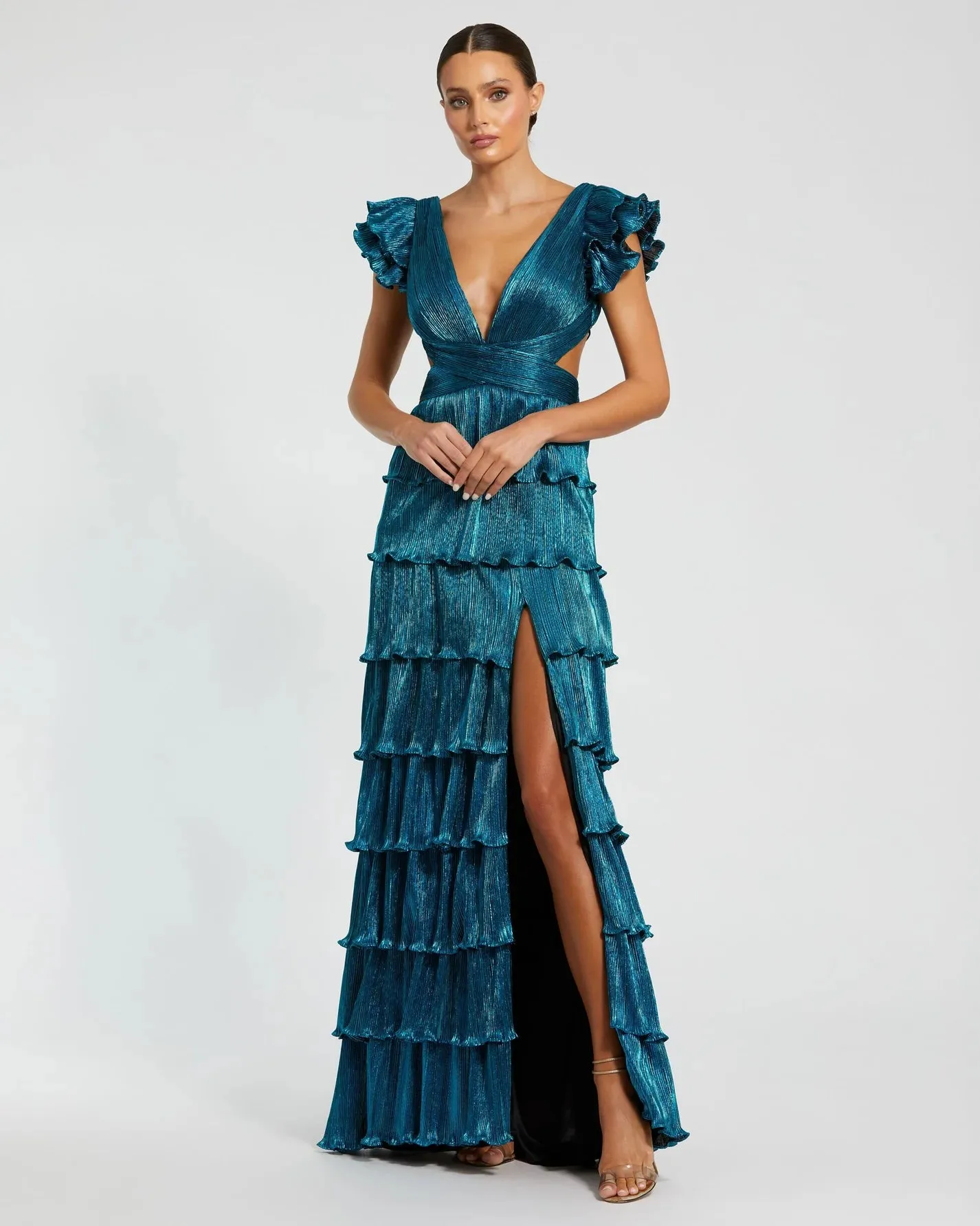Ruffle tiered criss cross lace up gown - Blue