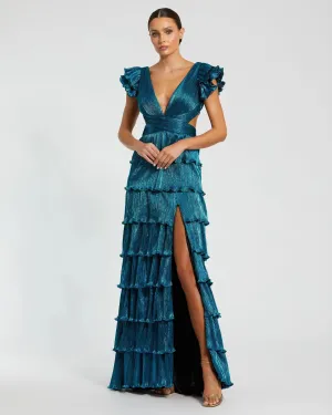 Ruffle tiered criss cross lace up gown - Blue