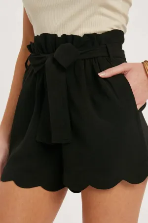 Scallop Hem High-Waisted Shorts (Black)