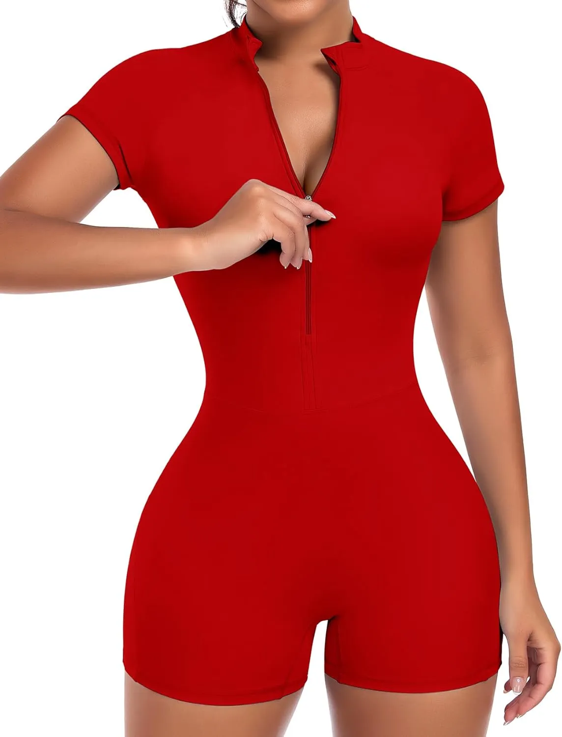 SEASUM Workout Jumpsuits for Women Zip Up Romper Open Back Bottom Shorts Bodysuit Short Sleeve Bodycon Sexy One Piece