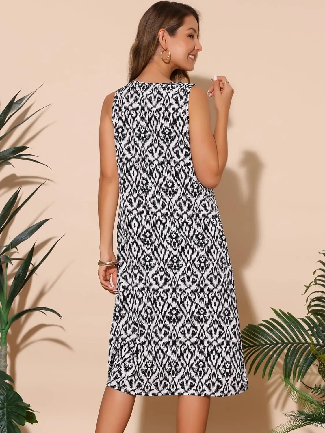 Seta T Women's Summer Dresses Beach Casual Sleeveless Sundress Crewneck Print Loose Midi Tank Dress with Pockets
