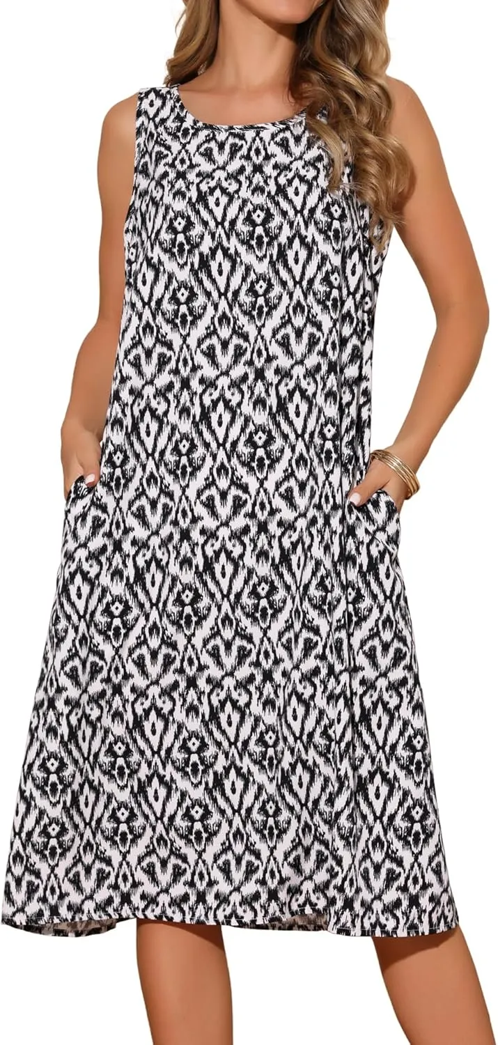 Seta T Women's Summer Dresses Beach Casual Sleeveless Sundress Crewneck Print Loose Midi Tank Dress with Pockets